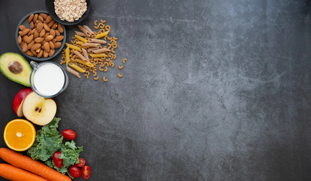 a black table topped with fruits and vegetables