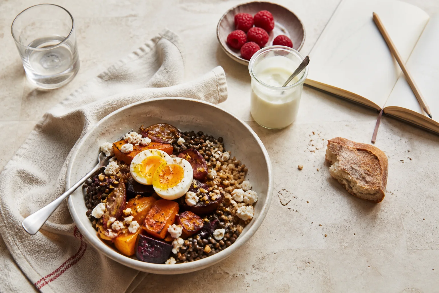 Repas quotidien équilibré avec lentilles, légumes, œuf, pain, yaourt et framboises